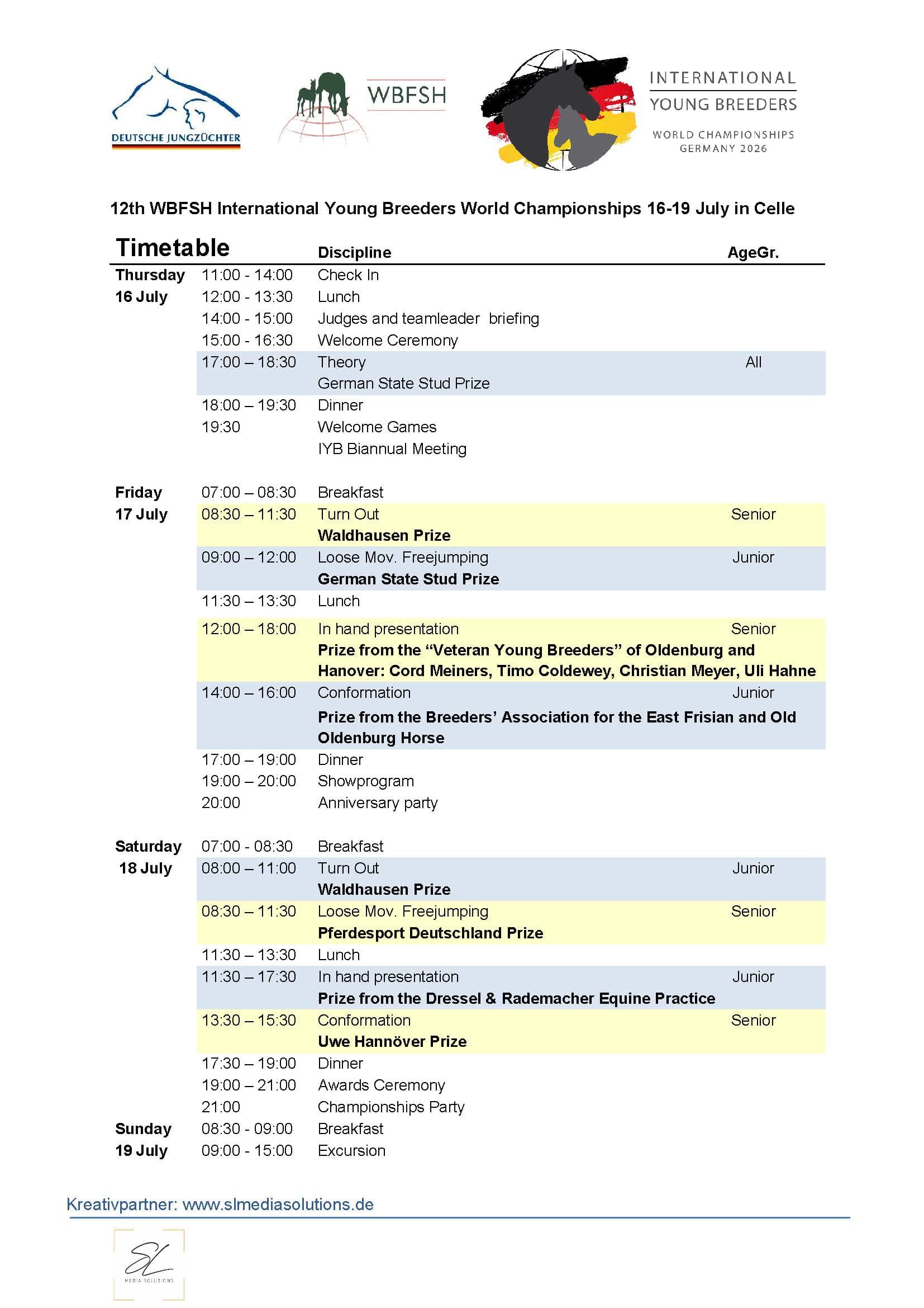 The image presents a detailed schedule for the 12th WBFSH International Young Breeders World Championships, which took place from July 16 to July 19 in Celle.